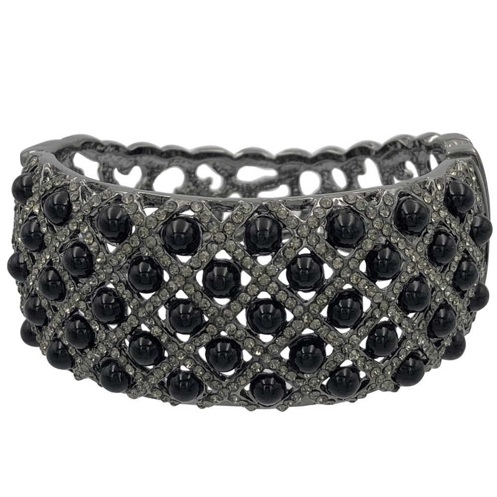 Black Pearl & Grey Rhinestone Lines Open Chunky Statement Hinged Bangle Bracelet